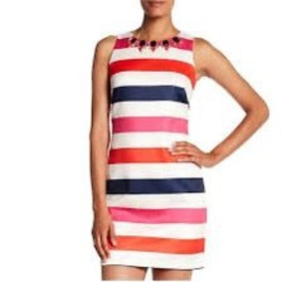 Vince Camuto Jewel Neck Sheath Dress Size 8 Multicolor Striped Sleeveless MIni - Picture 10 of 11